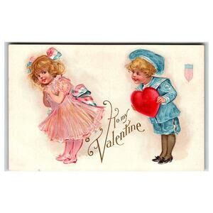 Vintage Embossed Valentine Postcard with Children & Heart, Early 1900s